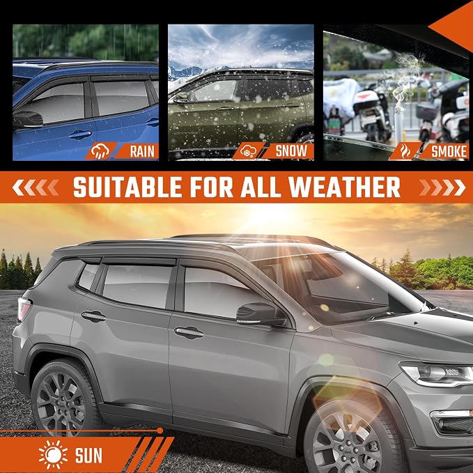 Rain Guards Fit for Jeep Compass 2017 2018 2019 2020 2021 2022 2023 2024 2025 2026, Tape-on Durable Side Window Sun Wind Deflectors 2017-2026 Compass Rain Guard Black 6 PCS