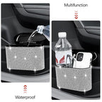 Bling Car Trash Can with Lid, Mini Auto Garbage Can with 30 Trash Bags, Leakproof Automotive Garbage Container Bin, Bling Car Accessories Trash Can for Women (Silver Diamond)