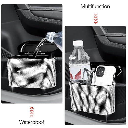 Bling Car Trash Can with Lid, Mini Auto Garbage Can with 30 Trash Bags, Leakproof Automotive Garbage Container Bin, Bling Car Accessories Trash Can for Women (Silver Diamond)