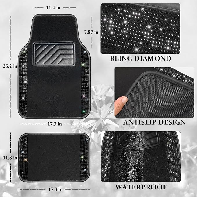 Bling Diamond Leather Steering Wheel Cover 14.5in-15in Floor Mats Shining Rhinestone Carpet Sparkly Glitter Crystal Anti-Slip Pad Fit Automotive SUV Pickup Truck Girl Women, 5pcs Black