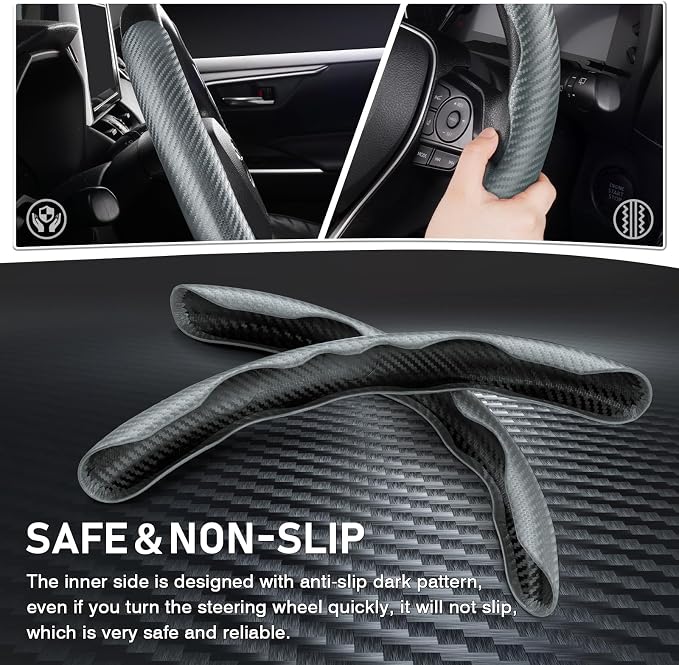 Steering Wheel Cover, Carbon Fiber Steering Wheel Cover for Men/Women, Anti-Slip, Comfortable Grip, Durable, Universal for 99% Car Interior Accessories (Dark Gray)