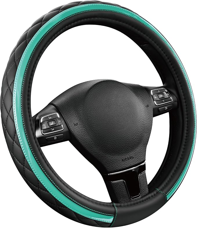 Leather Steering Wheel Cover – Black & Green Universal Fit 14.5-15 Inch, Microfiber Leather, Anti-Slip & Breathable Design for Men and Women