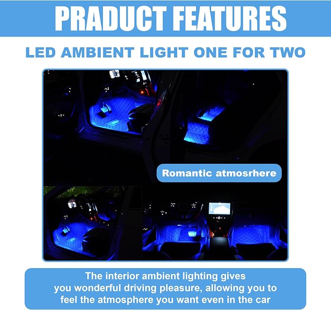 Car LED Strip Light, 24 LED 12V USB Port, Blue | RGB Neon Auto Interior Atmosphere Lights, Under Dash Ambient Night Light, Universal Decorative Lamp Accessory for Car Truck