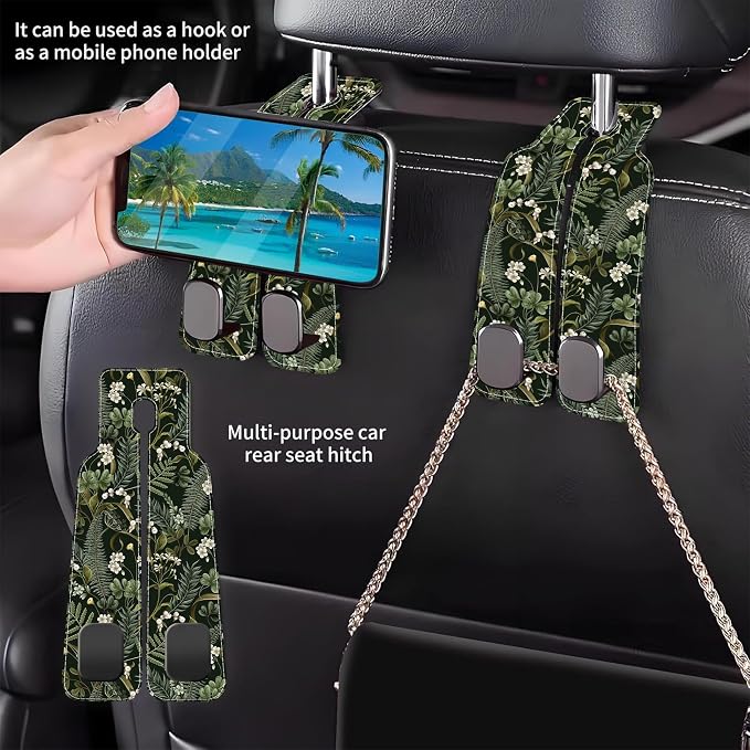 Purse Hook for Car White Flowers Berries and Leaves 1 Pack Headrest Back Seat Hook Premium Leather Double Metal Hanger Storage Pack Bag Purse Holder Car Accessories
