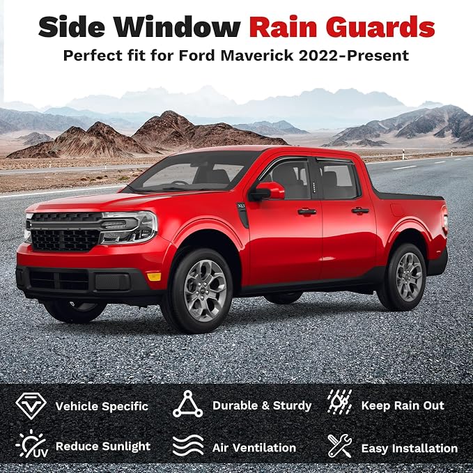 Maverick Rain Guards - Window Visors for Ford Maverick 2022-2025 2026, Outside-Mount Tape-On Side Window Wind Deflectors for Maverick Accessories Vent Visors Shades Rainproof 4PCS