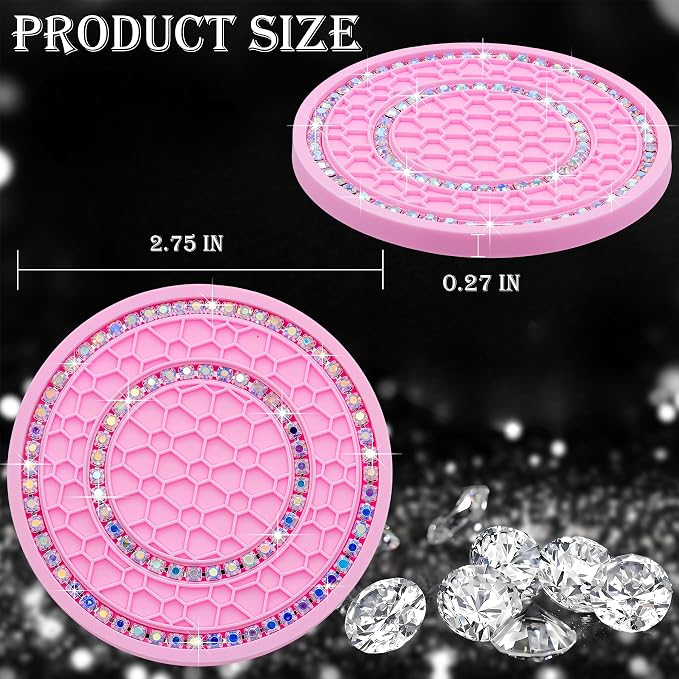 4PCS Bling Crystal Rhinestone Cup Holder Coaster, 2.75 inch Soft Silicone Anti-Slip Shockproof, Car Cup Holder Insert Coasters, Universal Car Interior Accessories for Women (Pink & Colorful)