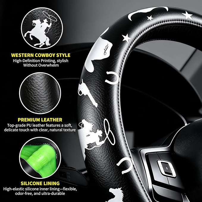 Western Cowboy Pattern PU Leather Steering Wheel Cover, Non-Slip Neoprene Lining, Universal Fit 14.5-15 Inch for Car, Truck, SUV