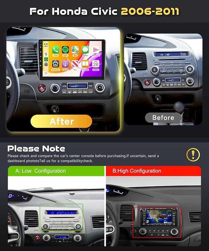 8 Core 6G+128G Car Stereo Radio for Honda Civic 2006-2011 with Wireless CarPlay/Android Auto/9 Inch 1280 * 720P IPS Touchscreen/Bluetooth 5.0/GPS/WiFi/DSP/36 EQ/AHD Backup Camera