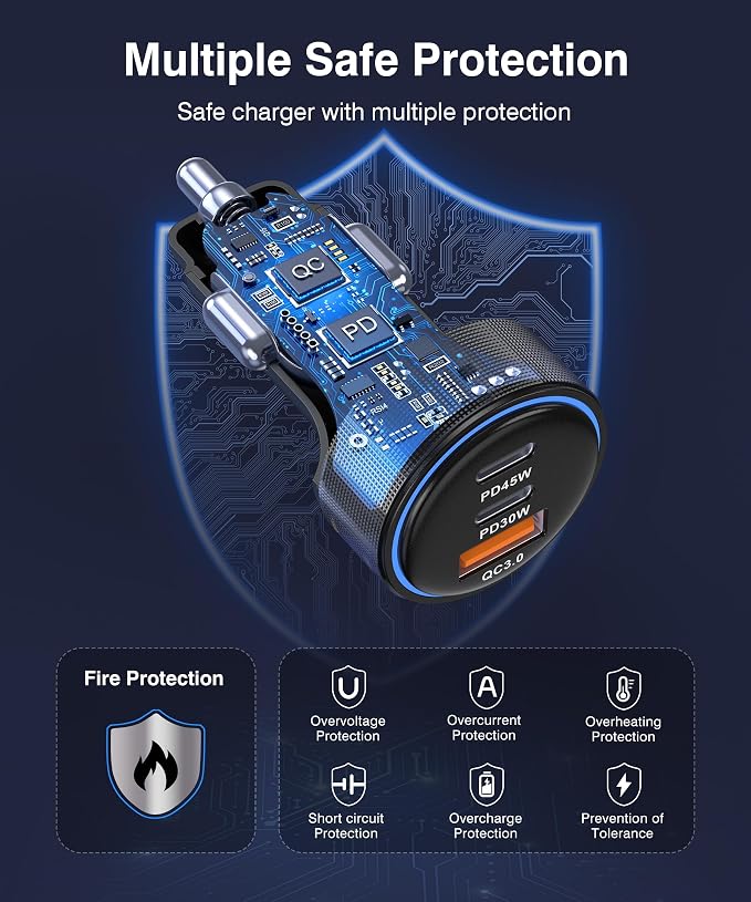 2026 Updated USB C Car Charger, 93W 3-Port Super Fast Type C Car Power Adapter PD/QC Charging Cigarette Lighter for iPhone 17/16/15/14/13/12/11 Pro Max, iPad,MacBook,Pixel, Android