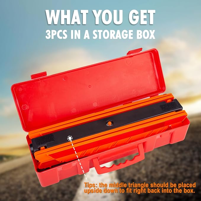 3PK DOT Warning Triangles with Empty Base & Storage Case | No pre-filled sand, fill sand yourself for stability, high visibility reflectors meet US FMVSS 571.125 safety specs