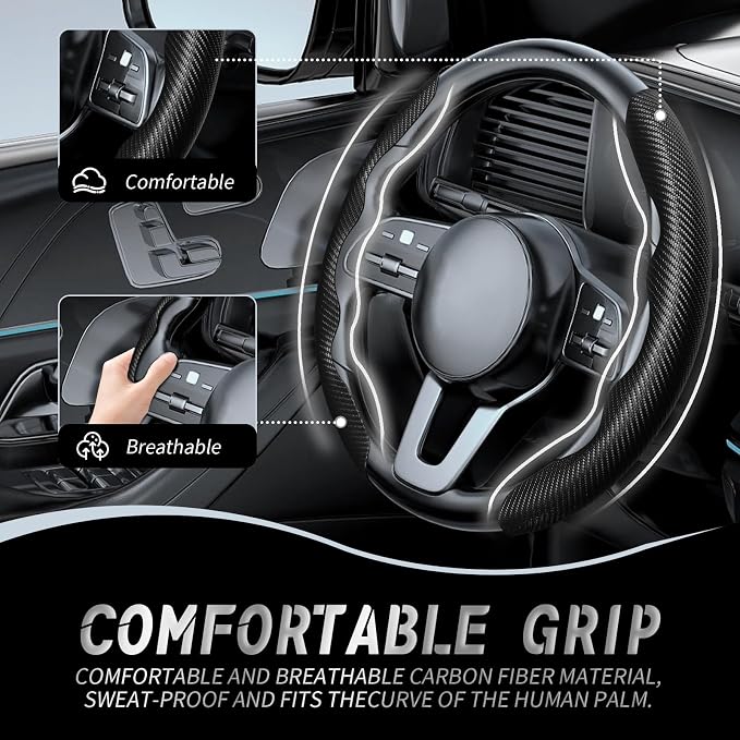 2pcs Car Steering Wheel Cover,Anti-Skid Carbon Fiber Steering Wheel Protector for Men Women,Multiple Color Options,Universal for Most Car Interiors Accessories (Black)