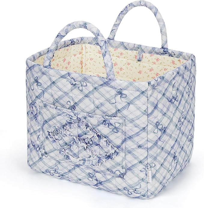 Floral Fabric Storage Basket Car Interior Storage Basket Underwear Sundries Laundry Baskets Supplies Home Organizer Bag (blue bow)