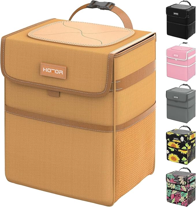 Car Trash Can with Lid, Brown Trash Bag Hanging with Storage Pockets, 100% Leak-Proof Garbage Can with Adjustable Straps, Magnetic Snaps, Waterproof Interior Car Bin
