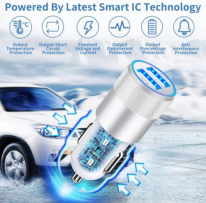 【MFi Certified】iPhone Car Charger Fast Charging, 4.8A Dual USB Smart Power Cigarette Lighter USB Car Charger with 2Pack Lightning Cable for iPhone 14 13 12 11 Pro XS Max XR SE X 8 iPad AirPods