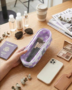 Preppy Checkered Clear Travel Makeup Brush Holder,Purple and Beige Checkered Makeup Brush Toiletry Bag,Portable Cosmetic Brush Case,Transparent Waterproof Makeup Brush Storage Bag