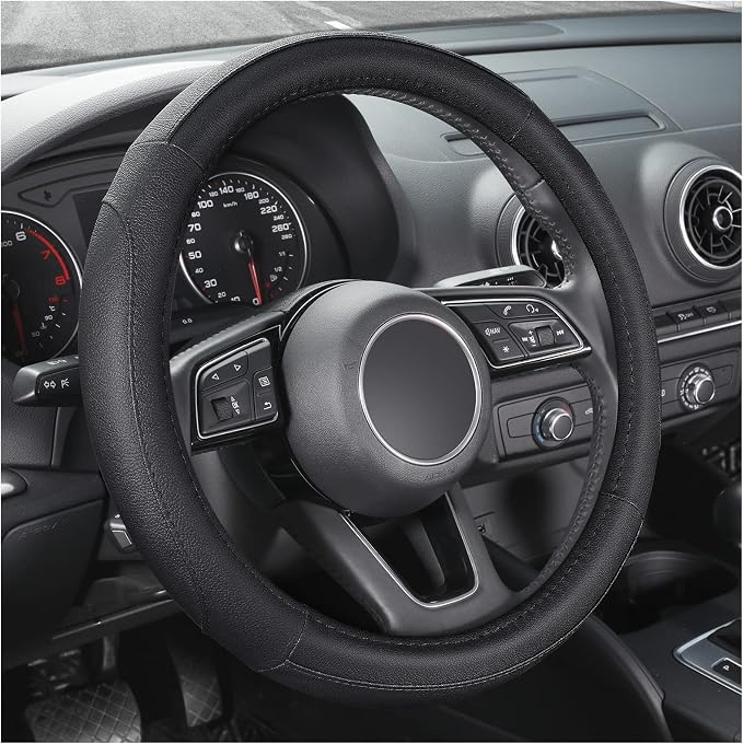 Car Steering Wheel Cover for Prius Civic Model 3 Model Y Camaro, Small Size 14-14.25 inch, Black Microfiber Leather