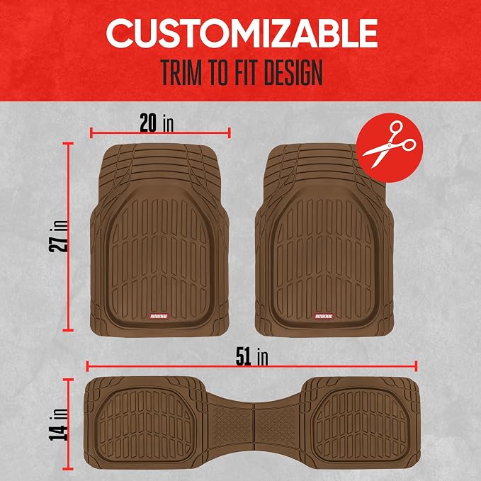 FlexTough Deep Dish All-Weather Floor Mats, Waterproof Trim-To Fit Mats for Cars, Trucks, SUVs - Universal Automotive Floor Liners, Car Accessories, Brown