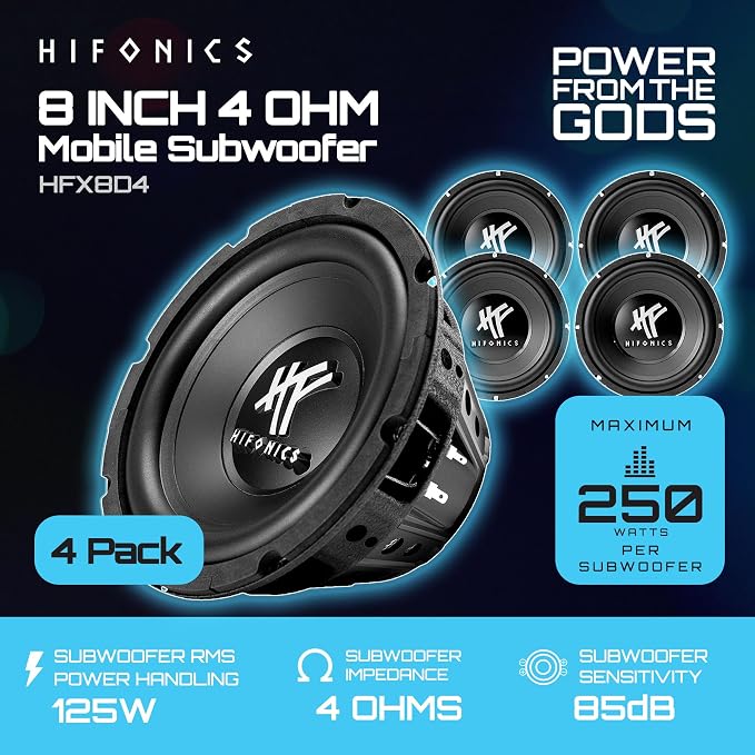 4 Pack HFX8D4 8" Round Subwoofer, 250 Watt Max 125 Watt RMS Single Speaker for Cars and Vehicles, 4 Ohm, Heavy Gauge and Powder Coated, Black