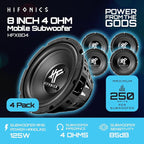 4 Pack HFX8D4 8" Round Subwoofer, 250 Watt Max 125 Watt RMS Single Speaker for Cars and Vehicles, 4 Ohm, Heavy Gauge and Powder Coated, Black