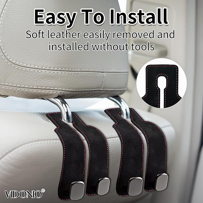 Suede Leather Headrest Hooks for Car, 2 Pack Double Seat Back Organizer Hooks for Purses & Bags, Heavy Duty Metal Car Purse Holder for Handbags, Grocery Bags, Universal Vehicle Storage Accessories