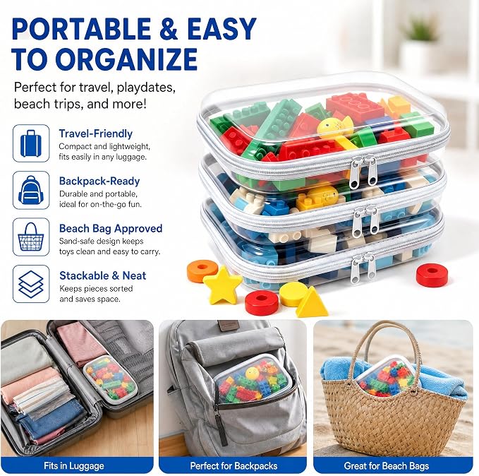 Clear Hard Plastic Zipper Case,Transparent Double Zippers Hard Pouch with 3pcs,Portable Travel Organizer Bin for Toy Storage