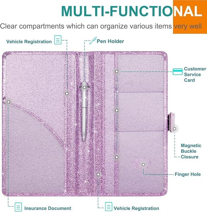 Car Registration and Insurance Holder, Vehicle Car Glove Box Organizer, Cool Car Accessories for ID, Driver License Cards & Essential Document, Men&Women, Purple Glitter