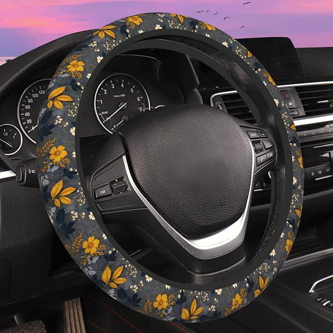 Yellow Wildflower Steering Wheel Cover for Women Men Neoprene Breathable Vintage Floral Wheel Cover Protector Anti-Slip Car Accessories Universal 15 Inch Fit for Cars Trucks Vehicles