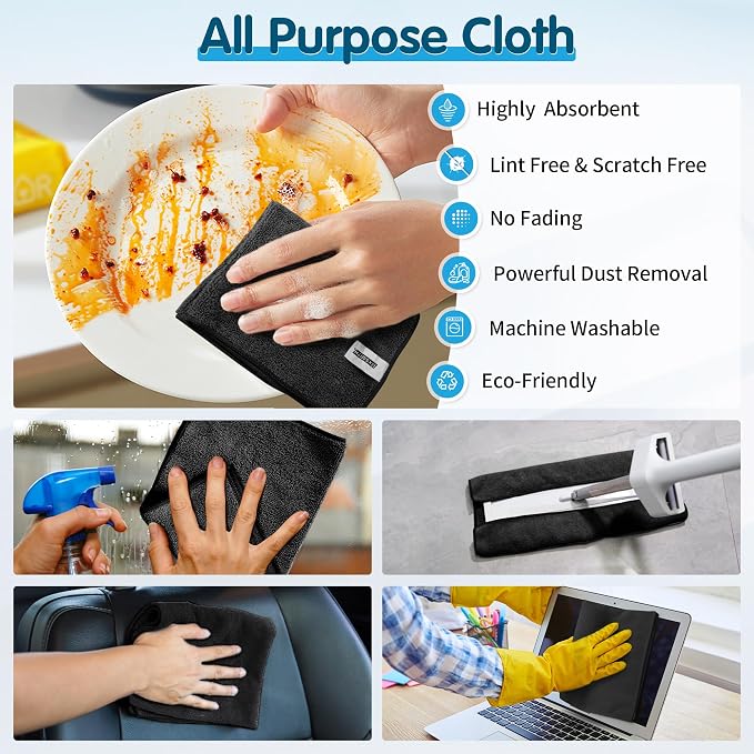 Black Microfiber Cleaning Cloth -Pack of 8, Highly Absorbent Cleaning Rags, 16"X12" All Purpose Cleaning Towels for Housekeeping, Kitchen, Car, Lint Free and Reusable Microfiber Towels
