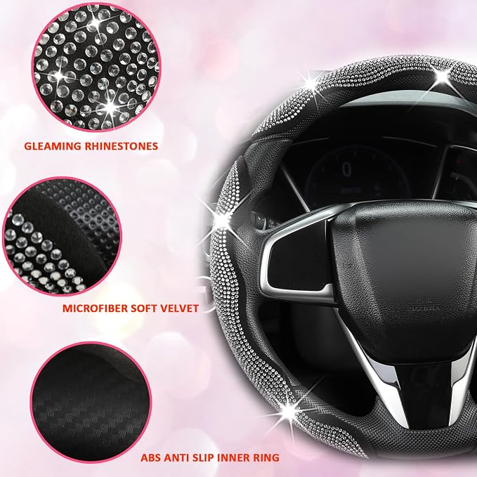 Diamond Bling Car Steering Wheel Cover with Crystal Rhinestones,3PCS Segmented Steering Wheel Protector,Universal for 99% Cars for Women(Black with White Diamond)
