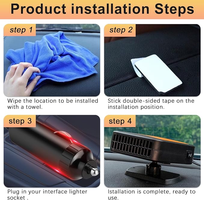 Car Heater, Portable Car Heater and Defroster, Windshield Defogger, 12 Volt That Plugs Into Cigarette Lighter, Calenton para Carro, 360° Rotation(Orange Black)