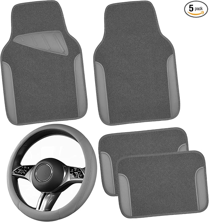 Microfiber Leather Steering Wheel Cover and Waterproof Car Floor Mats,Universal Car Combo Fit for 95% Sedan,SUV,Cars,14.5-15inch Anti-Slip Safety Comfortable Faux Leather Design(Solid Gray)