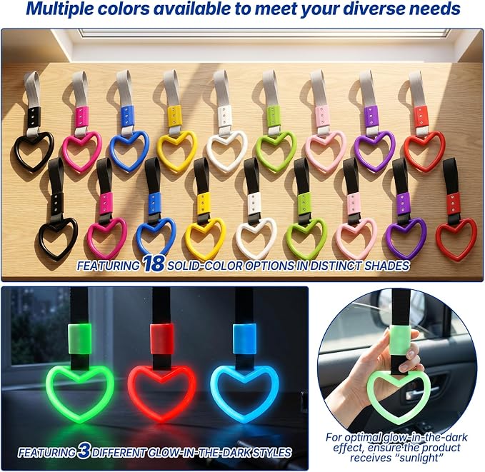 2 Pcs Heart Shaped Car Handle Strap – JD M Drift Charm Rear Bumper Warning Ring Decor for Car Interior Exterior, Subway Bus Handle Accessory, Cute Heart Car Decor Gift for Drivers (Blue)