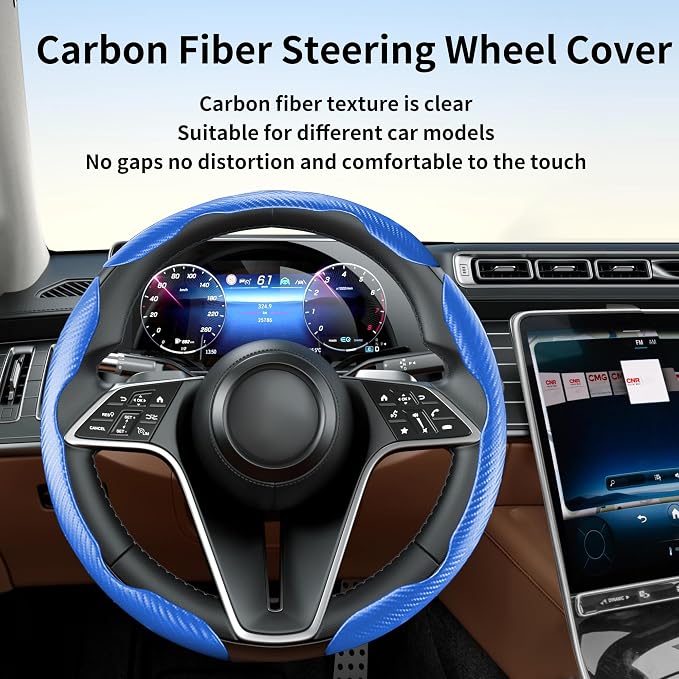 3Pcs Carbon Fiber Steering Wheel Cover Universal Fit 99% Cars | Non-slip soft grip, easy to wipe clean, quick to install, perfect for daily commutes and road trips, Blue