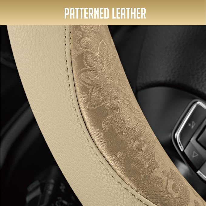Steering Wheel Cover, Gold Patterned Leather Patchwork Design, Universal Fit 14.5"–15.5", Anti-Slip, Odor-Free, Soft PU Grain Leather, Durable Grip Car Accessory for Girls & Women