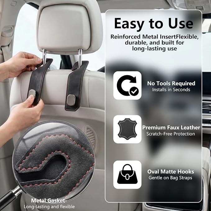 Purse Hook for Car Seat Headrest, Suede Car Purse Hook, Heavy Duty Car Hook Organizer for Handbags, Grocery Bags & Backpacks, Universal Car Hooks for SUV Truck Interior(Black,2pc)
