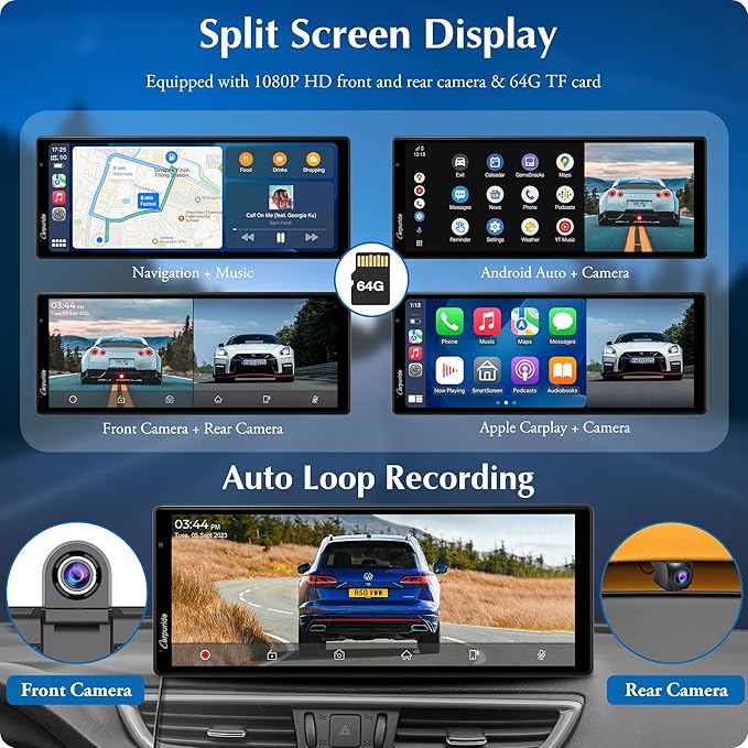 Carpuride W903 9.3" Wireless Carplay & Android Auto with Dash Cam | 4K Front & 1080P Rear Camera, Loop Recording, Bluetooth Audio, Mirror Link, GPS