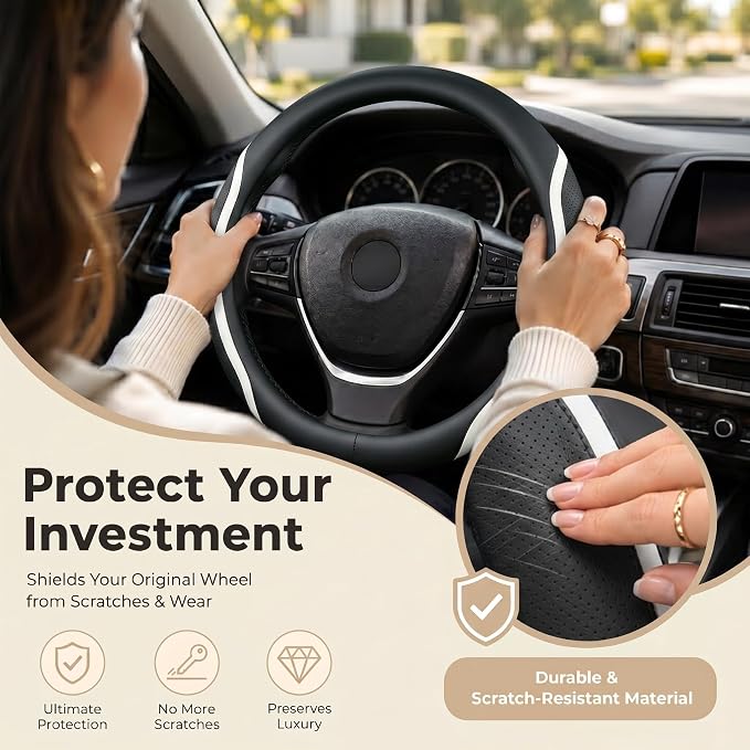 Steering Wheel Cover Black and White Leather Universal 14.5-15 inch | Car Steering Wheel Covers with Coasters Breathable Anti-Slip Durable Steering Wheel Accessories Set for SUV Truck Van