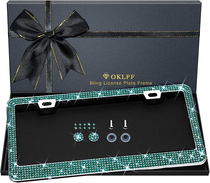 Bling License Plate Frame for Women, 1PCS Sparkly Stainless Steel License Plate Frames| Over 1000 pcs 14 Facets Bedazzled Clear Glass Diamond Rhinestone Crystals w/Free Glitter Diamond Box (Green)