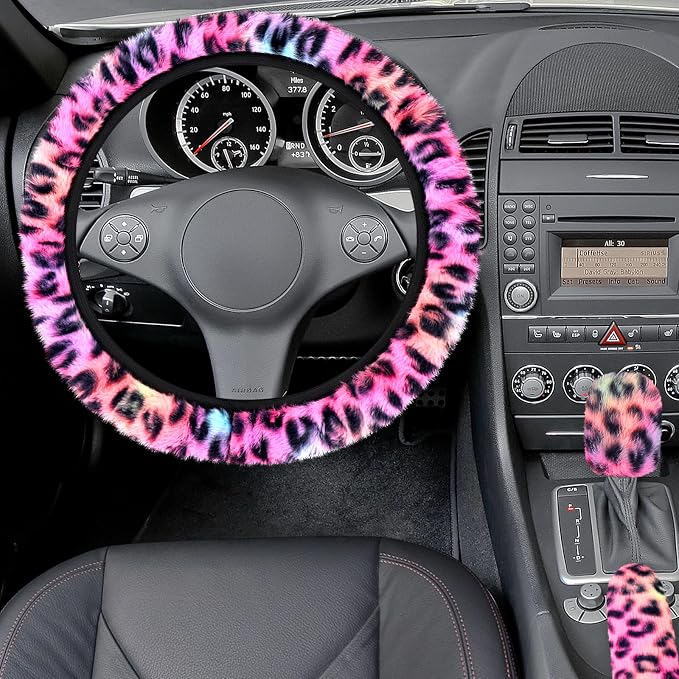 Fuzzy Car Steering Wheel Cover, Universal Fit Fluffy Auto Wheel Cover & Handbrake Cover & Gear Shift Cover Set, Leopard Print, Car Steering Wheel Cover Protector for Women Girls (Colorful)