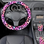 Fuzzy Car Steering Wheel Cover, Universal Fit Fluffy Auto Wheel Cover & Handbrake Cover & Gear Shift Cover Set, Leopard Print, Car Steering Wheel Cover Protector for Women Girls (Colorful)