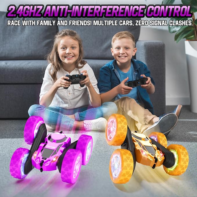 Remote Control Car for Kids, Stunt RC Cars with Cool Wheel Lights, Double-Sided Driving, 360-degree Rotation Boys & Girls Toys for Ages 6 7 8 9 10-12 Kids, Valentines, Birthday Idea