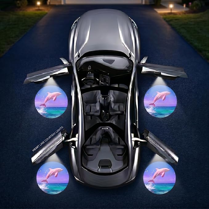 2PCS Pink Dolphin Car Door Lights Projector, Magnetic Logo Projector Door Lights, Wireless LED Welcome Puddle Light, Dolphins Car Accessories Decor, Pink Dolphin Gifts for Women Men, Fit All Vehicles