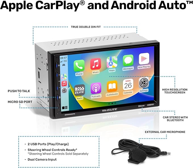 Elite BE920WCPA Car Stereo - 7" Display, Wireless Apple CarPlay & Android Auto Head Unit, Double DIN Touch Screen Car Stereo, Bluetooth, AM/FM Radio, USB, No CD/DVD Player
