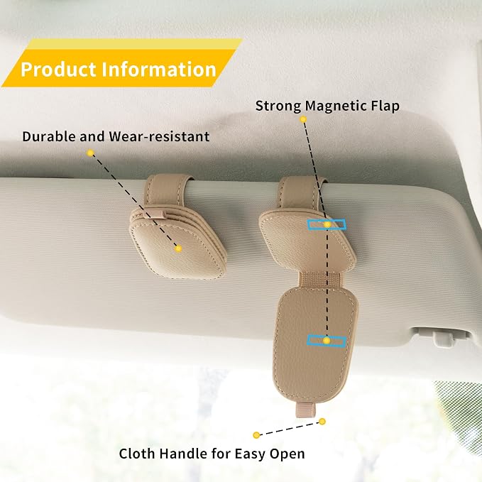 Magnetic Leather Sunglasses Holder for Car, 2 Packs (Beige) | Magnetic Car Visor Accessories