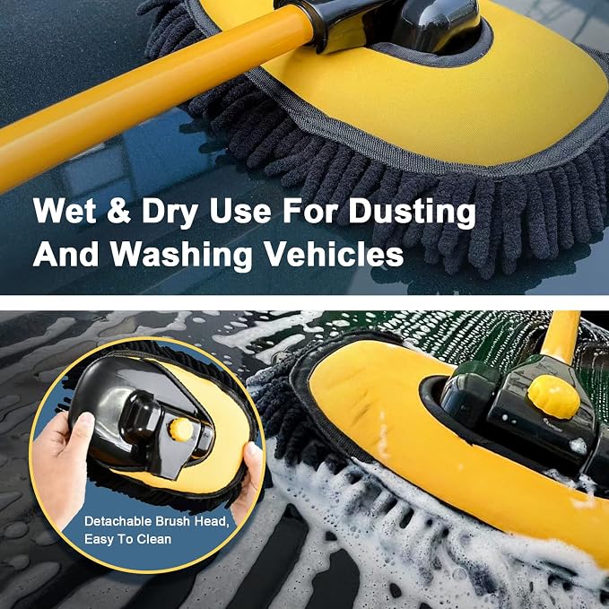 Car Wash Brush with Long Handle, Microfiber Car Wash Mop with Replaceable Chenille Brush Head, Soft Cleaning Brush with 15° Curved Extension Pole Car Wash Kit for RV Truck Camper, Yellow