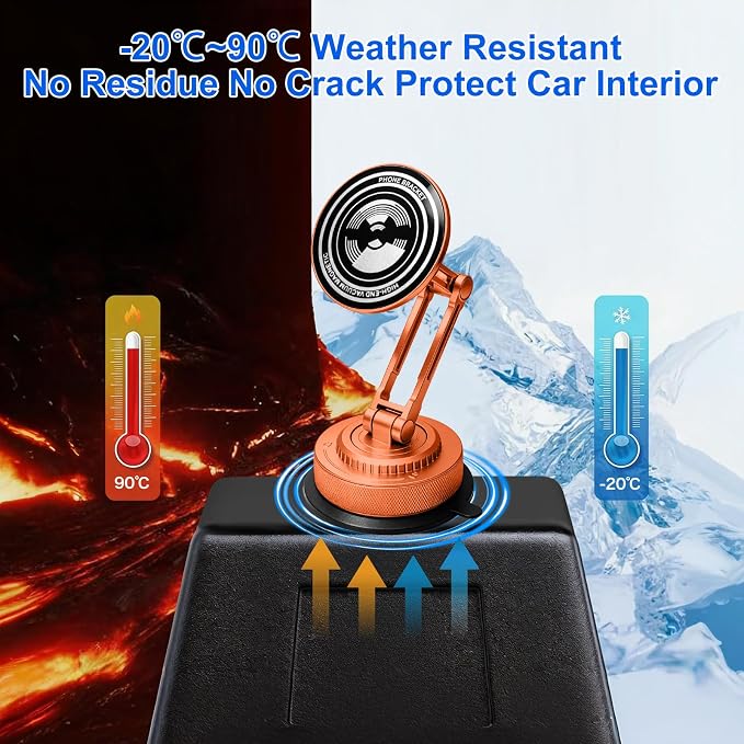 All-Metal Alloy Long Arm Magnetic Suction Cup Car Phone Mount(Orange) | Strong Powerful Magnetic Heavy-Duty Windshield Dash 360° Mechanical Rotation Cell Mobile Phone Vehicle Bracket for All Cars