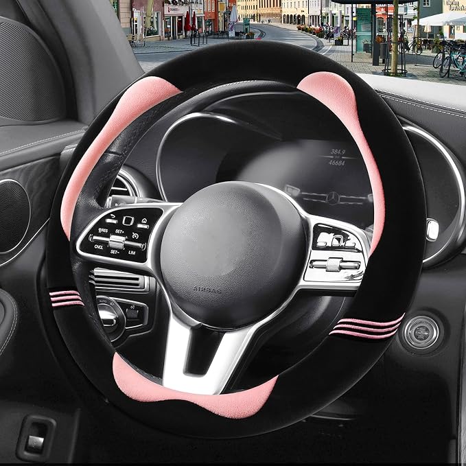 Furry Cute Soft Steering Wheel Cover 14 inch Black with Pink | Fluffy Short Plush Car Accessories, Non-Slip Cold-Proof Sweat-Proof Colorfast, Small 13.5 inch to 14 inch