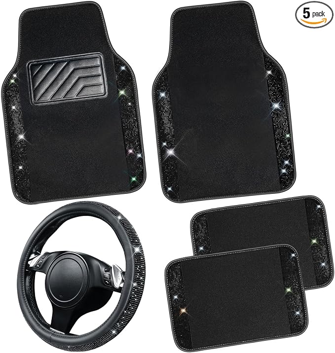 Bling Diamond Leather Steering Wheel Cover 14.5in-15in Floor Mats Shining Rhinestone Carpet Sparkly Glitter Crystal Anti-Slip Pad Fit Automotive SUV Pickup Truck Girl Women, 5pcs Black