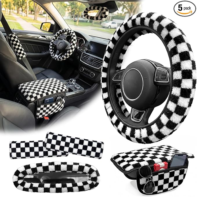 5 Pcs Fuzzy Black & Wihte Car Accessories Set, Soft Fluffy Plush Steering Wheel Cover, Center Console Armrest Pad & Rearview Mirror Cover - Interior Decorations for Women,Universal Fit (Check)