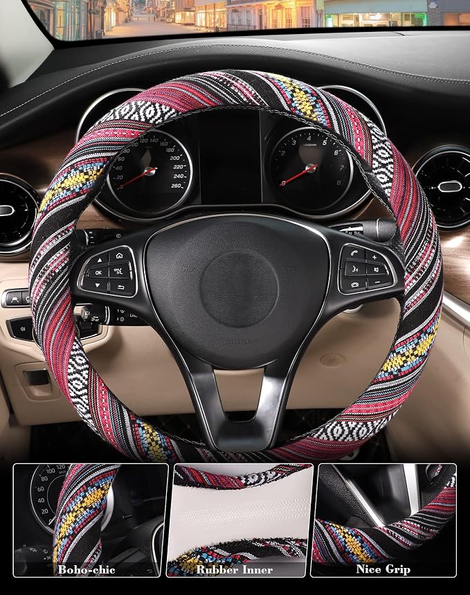 Boho Steering Wheel Cover with Baja Blanket Cloth, Ethnic Style Auto Wheel Cover Made of Coarse Flax, Fits 14 1/2-15 1/4 inches Car Wheel